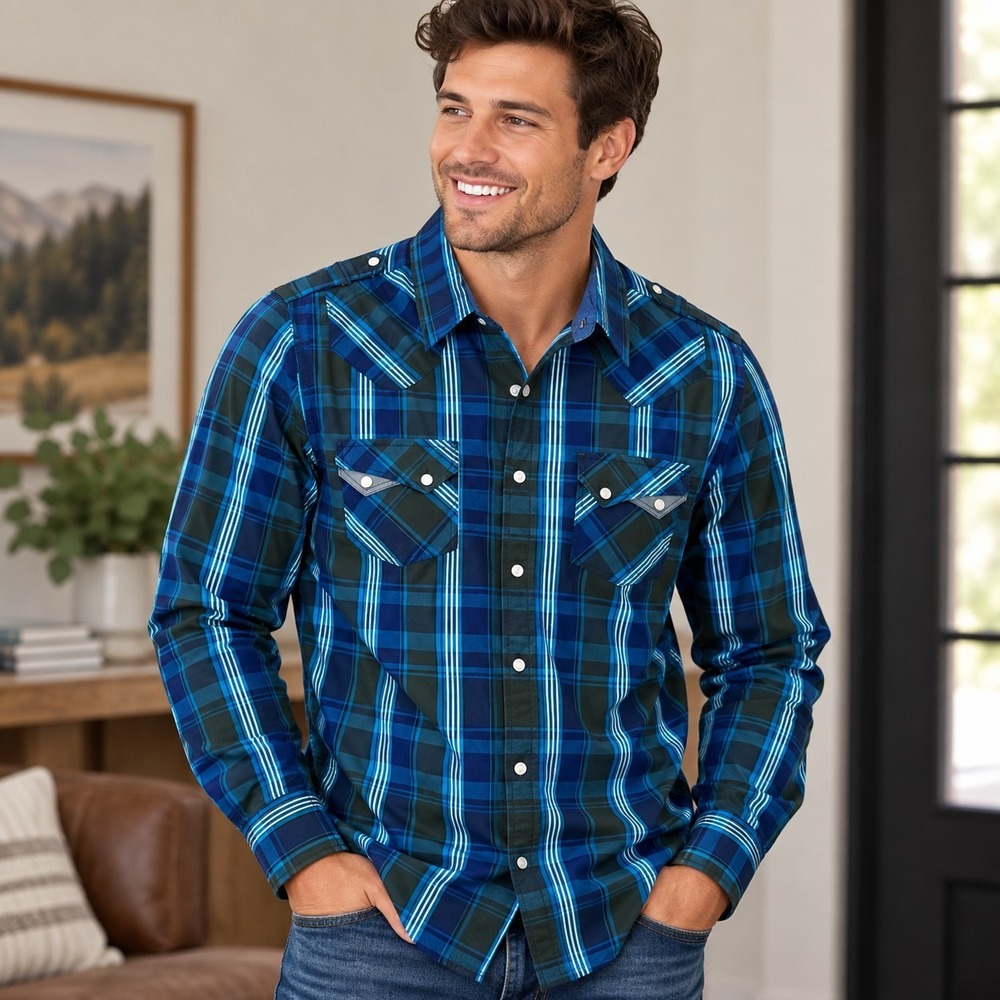 G By Guess Blue Plaid Pearl Snap Western Shirt Men's Medium Indie Sleaze Y2K